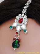 SILVERPLATED MAROON, GREEN AND WHITE KUNDAN TIKKA