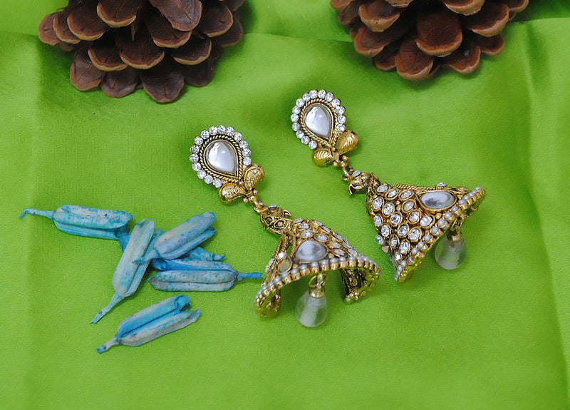 Goldpolish white diamond and pearl peacock style jhumi earring-2207