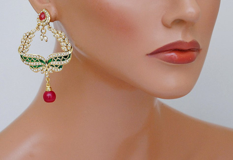 Goldpolish ruby red, green and white pearl earring-2212