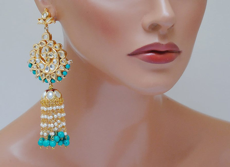 Goldpolish turquoise blue and white kundan earring-2248