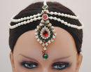 Goldpolish marron,green and white pearl head piece tikka-1199